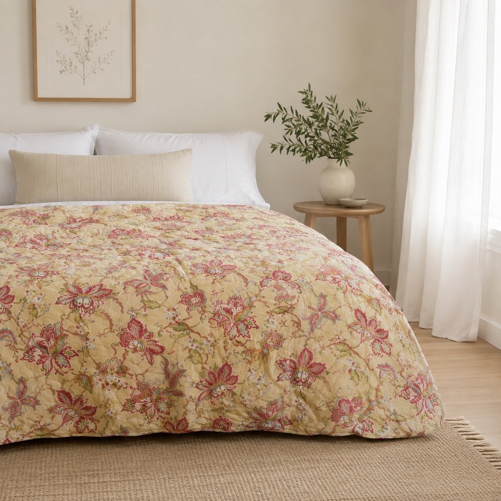Rose Tree Home Wellington Floral Cotton Comforter Yellow Red Botanical Jacquard